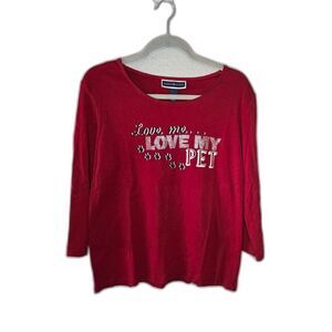 Karen Scott Women's Love Me Love My Pet Rhinestone 3/4 Sleeve Tee Size Large